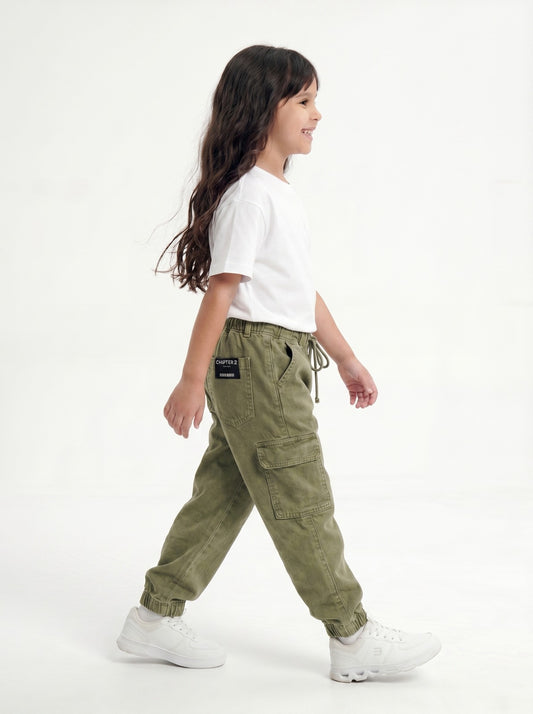 Olive Wash Denim Joggers Jr - Girls